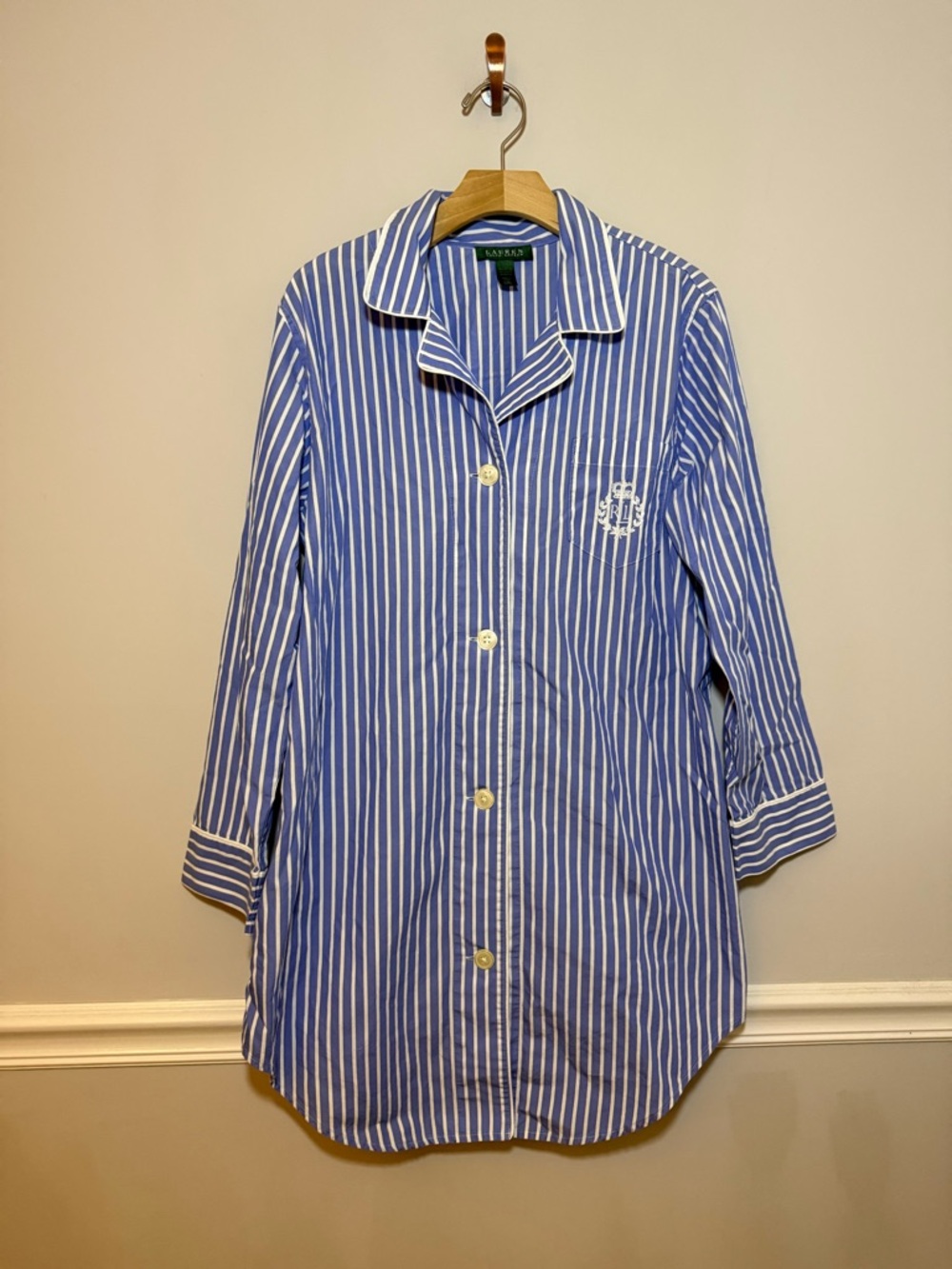 Lauren Ralph Lauren blue and white striped button down sleep shirt. L/XL